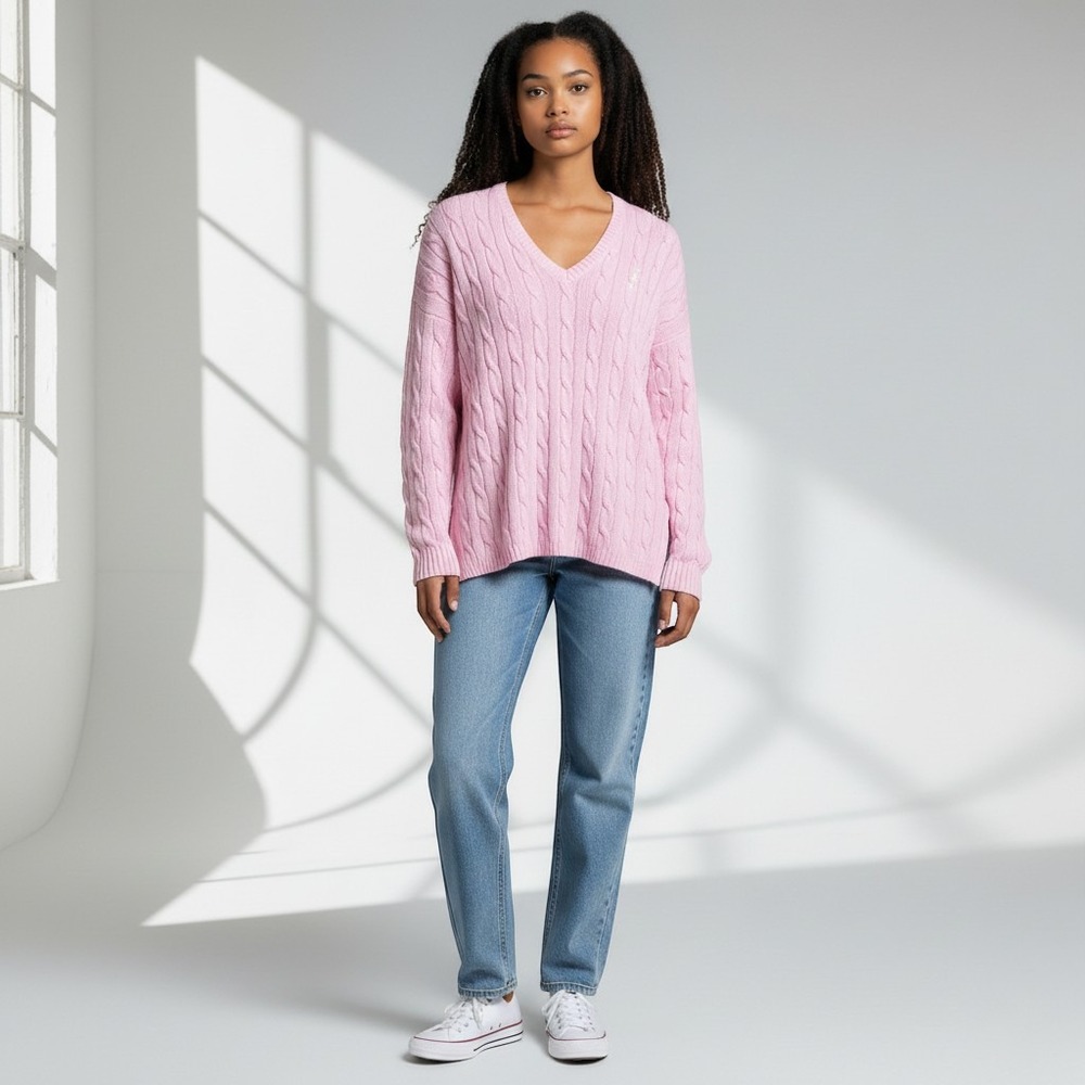 Polo Ralph Lauren Pink Pima Cotton Cable Knit V-Neck Sweater Size M